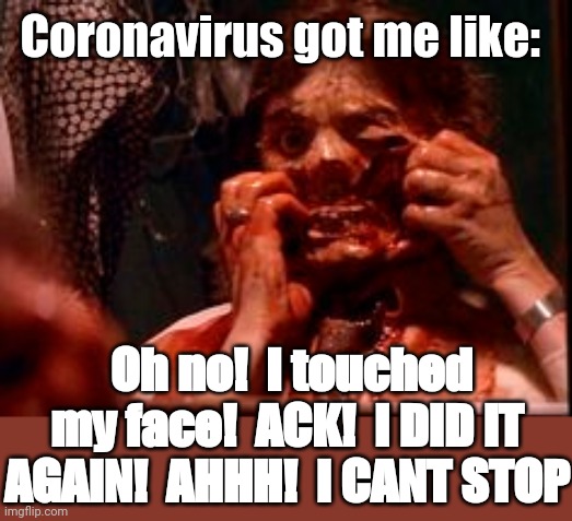 DON'T TOUCH YOUR FACE! | Coronavirus got me like:; Oh no!  I touched my face!  ACK!  I DID IT AGAIN!  AHHH!  I CANT STOP | image tagged in hygiene,covid-19,coronavirus,panic,its finally over,pandemic | made w/ Imgflip meme maker
