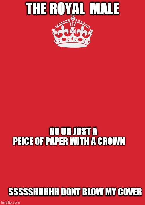 Keep Calm And Carry On Red Meme | THE ROYAL  MALE; NO UR JUST A PEICE OF PAPER WITH A CROWN    
                                                                             
   SSSSSHHHHH DONT BLOW MY COVER | image tagged in memes,keep calm and carry on red | made w/ Imgflip meme maker