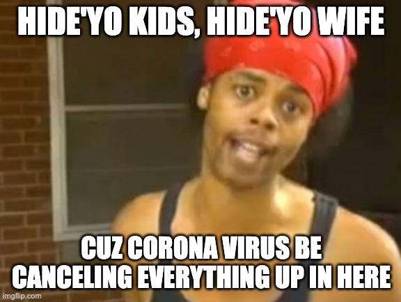 Hide Yo Kids Hide Yo Wife | HIDE'YO KIDS, HIDE'YO WIFE; CUZ CORONA VIRUS BE CANCELING EVERYTHING UP IN HERE | image tagged in memes,hide yo kids hide yo wife,AdviceAnimals | made w/ Imgflip meme maker