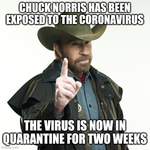 CHUCK NORRIS HAS BEEN EXPOSED TO THE CORONAVIRUS; THE VIRUS IS NOW IN QUARANTINE FOR TWO WEEKS | image tagged in coronavirus,chuck norris | made w/ Imgflip meme maker