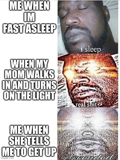 I sleep meme with ascended template | ME WHEN IM FAST ASLEEP; WHEN MY MOM WALKS IN AND TURNS ON THE LIGHT; ME WHEN SHE TELLS ME TO GET UP | image tagged in i sleep meme with ascended template | made w/ Imgflip meme maker