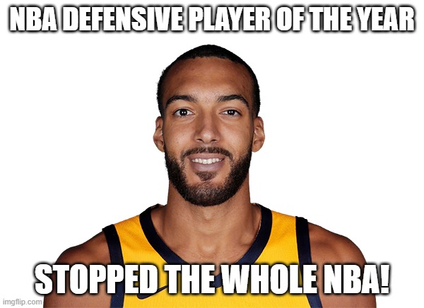 NBA D | NBA DEFENSIVE PLAYER OF THE YEAR; STOPPED THE WHOLE NBA! | image tagged in rudy gobert,covid19 | made w/ Imgflip meme maker