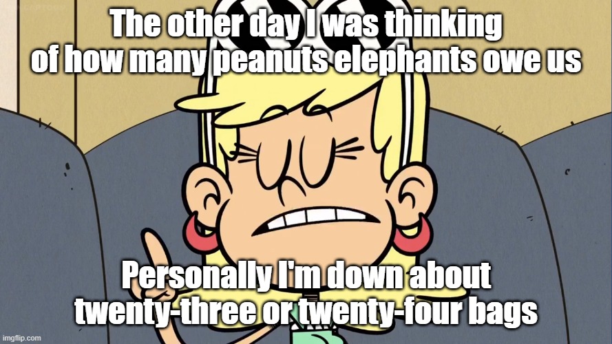 Wise words from Leni Loud 5 | The other day I was thinking of how many peanuts elephants owe us; Personally I'm down about twenty-three or twenty-four bags | image tagged in george carlin,the loud house | made w/ Imgflip meme maker