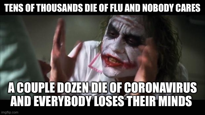 And everybody loses their minds | TENS OF THOUSANDS DIE OF FLU AND NOBODY CARES; A COUPLE DOZEN DIE OF CORONAVIRUS AND EVERYBODY LOSES THEIR MINDS | image tagged in memes,and everybody loses their minds | made w/ Imgflip meme maker