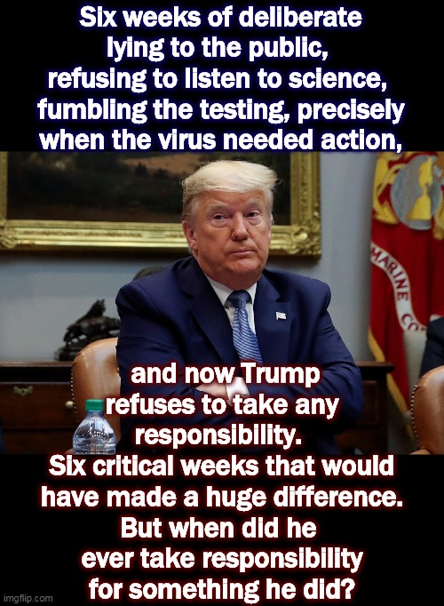 Trump politicizes everything. But this time he guessed wrong, and now he has no credibility on any subject. | Six weeks of deliberate lying to the public, 
refusing to listen to science, 
fumbling the testing, precisely when the virus needed action, and now Trump refuses to take any responsibility. 
Six critical weeks that would have made a huge difference.
But when did he 
ever take responsibility for something he did? | image tagged in trump shrug arms folded eyes dilated,trump,covid-19,coronavirus,fail,failure | made w/ Imgflip meme maker