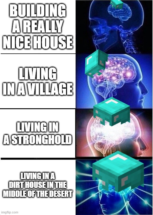 who needs somewhere nice to live when you can suffer in the desert | BUILDING A REALLY NICE HOUSE; LIVING IN A VILLAGE; LIVING IN A STRONGHOLD; LIVING IN A DIRT HOUSE IN THE MIDDLE OF THE DESERT | image tagged in memes,expanding brain,gifs,pie charts,ha ha tags go brr | made w/ Imgflip meme maker
