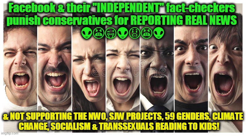 Progressive Democrats--BAD for AMERICA | & NOT SUPPORTING THE NWO, SJW PROJECTS, 59 GENDERS, CLIMATE CHANGE, SOCIALISM & TRANSSEXUALS READING TO KIDS! Facebook & their "INDEPENDENT" fact-checkers 
punish conservatives for REPORTING REAL NEWS 
👽😠😜👽😱😠👽 | image tagged in politics,political meme,democrats,insanity,facebook,liberals | made w/ Imgflip meme maker