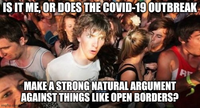 Ironic | IS IT ME, OR DOES THE COVID-19 OUTBREAK; MAKE A STRONG NATURAL ARGUMENT AGAINST THINGS LIKE OPEN BORDERS? | image tagged in memes,sudden clarity clarence,politics,covid-19 | made w/ Imgflip meme maker