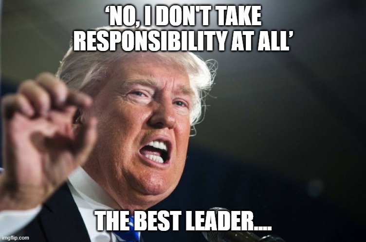 donald trump | ‘NO, I DON'T TAKE RESPONSIBILITY AT ALL’; THE BEST LEADER.... | image tagged in donald trump | made w/ Imgflip meme maker