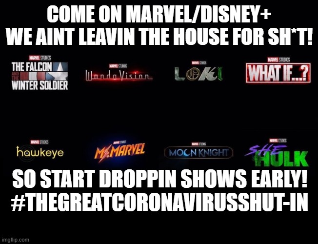 coronavirus | COME ON MARVEL/DISNEY+
WE AINT LEAVIN THE HOUSE FOR SH*T! SO START DROPPIN SHOWS EARLY!
#THEGREATCORONAVIRUSSHUT-IN | image tagged in marvel,mcu,disney plus,disneyplus,thegreatcoronavirusshutin | made w/ Imgflip meme maker