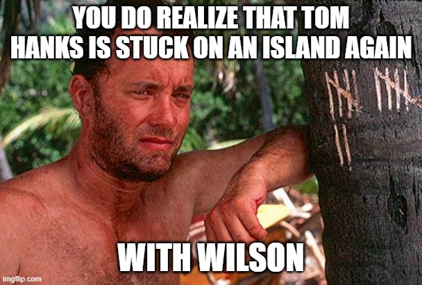 Tom Hanks Castaway tree | YOU DO REALIZE THAT TOM HANKS IS STUCK ON AN ISLAND AGAIN; WITH WILSON | image tagged in tom hanks castaway tree | made w/ Imgflip meme maker