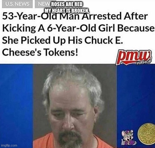 ROSES ARE RED
MY HEART IS BROKEN, | image tagged in chuck e cheese | made w/ Imgflip meme maker