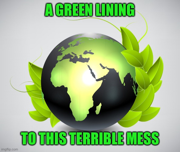 The sudden drop in carbon emissions is an interesting aspect of this coronavirus panic | A GREEN LINING TO THIS TERRIBLE MESS | image tagged in globe eco,green,economy,climate change,global warming,carbon footprint | made w/ Imgflip meme maker