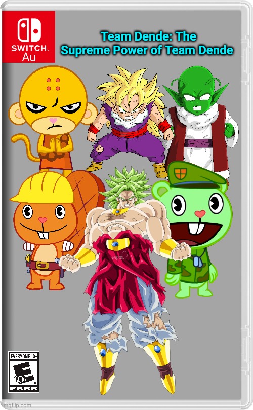 Team Dende 85 (HTF Crossover Game) | Team Dende: The Supreme Power of Team Dende | image tagged in switch au template,team dende,dende,happy tree friends,dragon ball z,nintendo switch | made w/ Imgflip meme maker