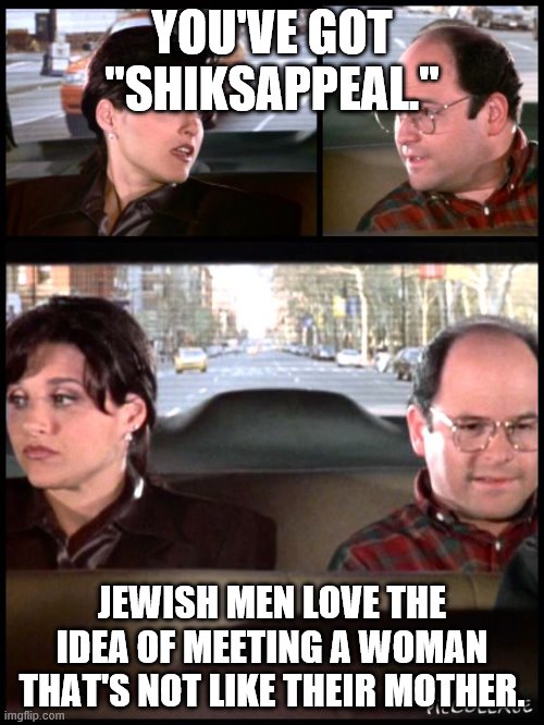 George explains shiksappeal to Elaine | YOU'VE GOT "SHIKSAPPEAL."; JEWISH MEN LOVE THE IDEA OF MEETING A WOMAN THAT'S NOT LIKE THEIR MOTHER. | image tagged in seinfeld,fun,george you've got shiksappeal | made w/ Imgflip meme maker