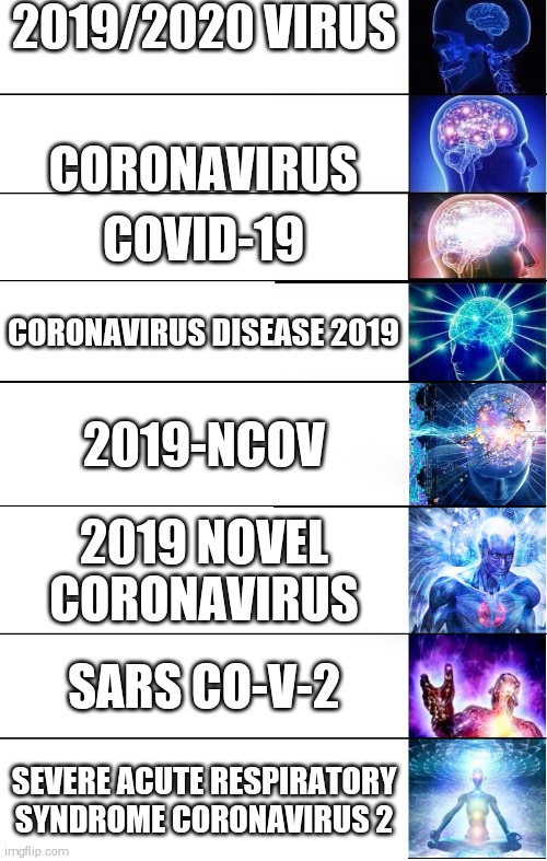 Expanding Brain Meme (Recent Coronavirus Names) | 2019/2020 VIRUS; CORONAVIRUS; COVID-19; CORONAVIRUS DISEASE 2019; 2019-NCOV; 2019 NOVEL CORONAVIRUS; SARS CO-V-2; SEVERE ACUTE RESPIRATORY SYNDROME CORONAVIRUS 2 | image tagged in expand brain 8,expanding brain,expanding brain coronavirus,coronavirus,corona,corona beer | made w/ Imgflip meme maker