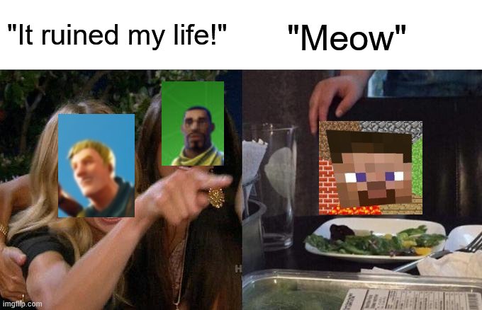Woman Yelling At Cat | "It ruined my life!"; "Meow" | image tagged in memes,woman yelling at cat,steve,fortnite | made w/ Imgflip meme maker