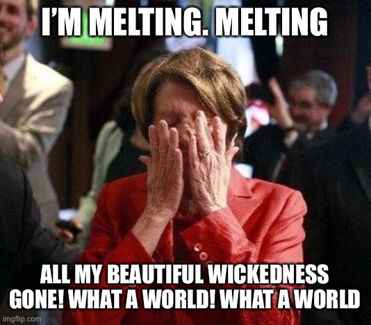 Nancy Pelosi Feigning Tears | I’M MELTING. MELTING; ALL MY BEAUTIFUL WICKEDNESS GONE! WHAT A WORLD! WHAT A WORLD | image tagged in nancy pelosi feigning tears | made w/ Imgflip meme maker