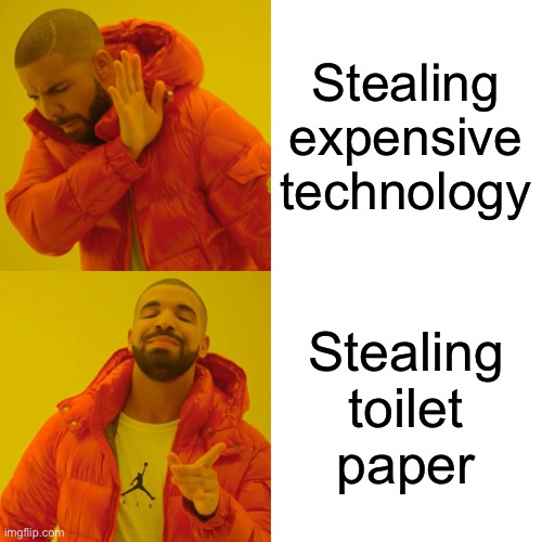 Porch pirates right now | Stealing expensive technology; Stealing toilet paper | image tagged in memes,drake hotline bling | made w/ Imgflip meme maker