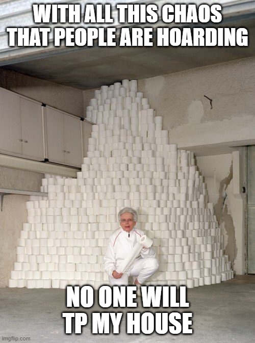 mountain of toilet paper | WITH ALL THIS CHAOS THAT PEOPLE ARE HOARDING; NO ONE WILL TP MY HOUSE | image tagged in mountain of toilet paper | made w/ Imgflip meme maker
