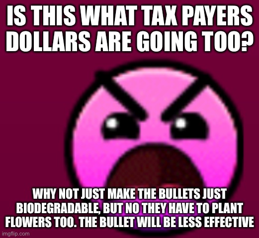 IS THIS WHAT TAX PAYERS DOLLARS ARE GOING TOO? WHY NOT JUST MAKE THE BULLETS JUST BIODEGRADABLE, BUT NO THEY HAVE TO PLANT FLOWERS TOO. THE  | made w/ Imgflip meme maker