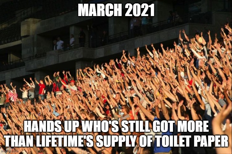Raise your hands crowd | MARCH 2021; HANDS UP WHO'S STILL GOT MORE THAN LIFETIME'S SUPPLY OF TOILET PAPER | image tagged in raise your hands crowd | made w/ Imgflip meme maker
