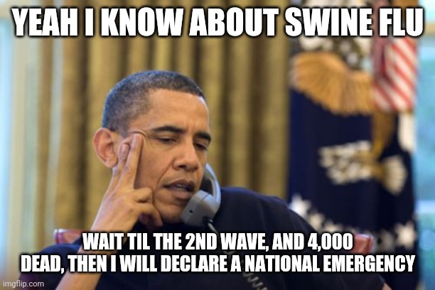 No I Can't Obama Meme | YEAH I KNOW ABOUT SWINE FLU WAIT TIL THE 2ND WAVE, AND 4,000 DEAD, THEN I WILL DECLARE A NATIONAL EMERGENCY | image tagged in memes,no i cant obama | made w/ Imgflip meme maker