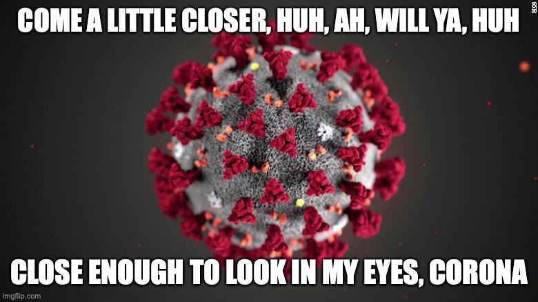 My Corona | COME A LITTLE CLOSER, HUH, AH, WILL YA, HUH; CLOSE ENOUGH TO LOOK IN MY EYES, CORONA | image tagged in coronavirus | made w/ Imgflip meme maker