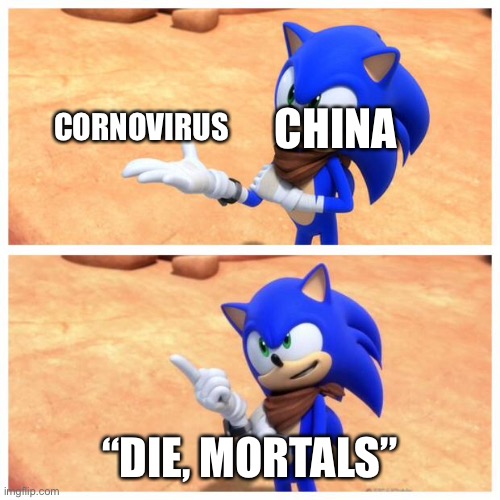 Sonic boom | CORNOVIRUS; CHINA; “DIE, MORTALS” | image tagged in sonic boom | made w/ Imgflip meme maker