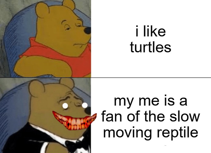 Tuxedo Winnie The Pooh Meme | i like turtles; my me is a fan of the slow moving reptile | image tagged in memes,tuxedo winnie the pooh | made w/ Imgflip meme maker