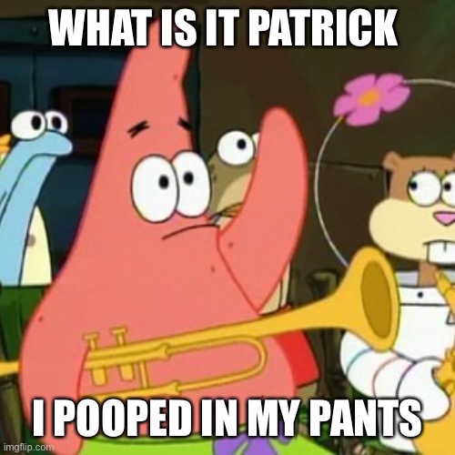 No Patrick | WHAT IS IT PATRICK; I POOPED IN MY PANTS | image tagged in memes,no patrick | made w/ Imgflip meme maker