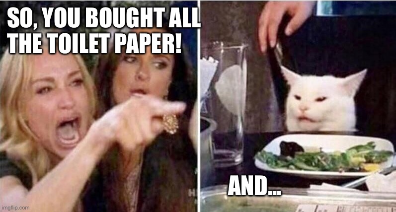 Crying girls and Cat | SO, YOU BOUGHT ALL 
THE TOILET PAPER! AND... | image tagged in crying girls and cat | made w/ Imgflip meme maker
