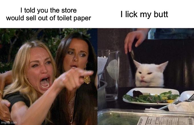Woman Yelling At Cat Meme | I told you the store would sell out of toilet paper; I lick my butt | image tagged in memes,woman yelling at cat | made w/ Imgflip meme maker