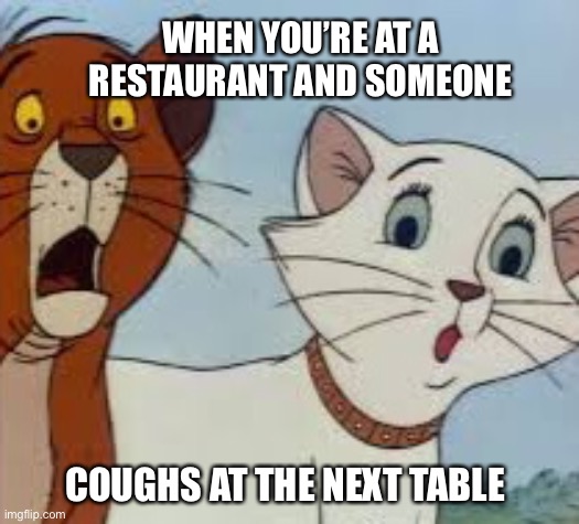 It’s A Covid-19 World | WHEN YOU’RE AT A RESTAURANT AND SOMEONE; COUGHS AT THE NEXT TABLE | image tagged in covid-19,coronavirus,coughing,corona virus,pandemic | made w/ Imgflip meme maker