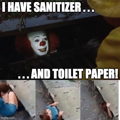Pennywise all stocked up | I HAVE SANITIZER . . . . . . AND TOILET PAPER! | image tagged in hand sanitizer,toilet paper,no more toilet paper,insanity,hoarding,hysteria | made w/ Imgflip meme maker