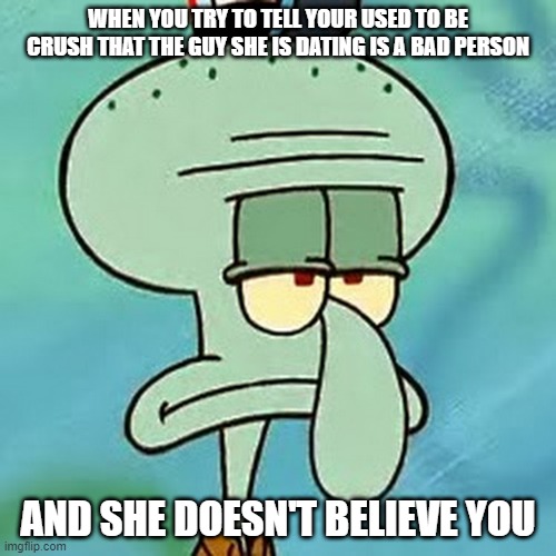 WHEN YOU TRY TO TELL YOUR USED TO BE CRUSH THAT THE GUY SHE IS DATING IS A BAD PERSON; AND SHE DOESN'T BELIEVE YOU | image tagged in crush | made w/ Imgflip meme maker