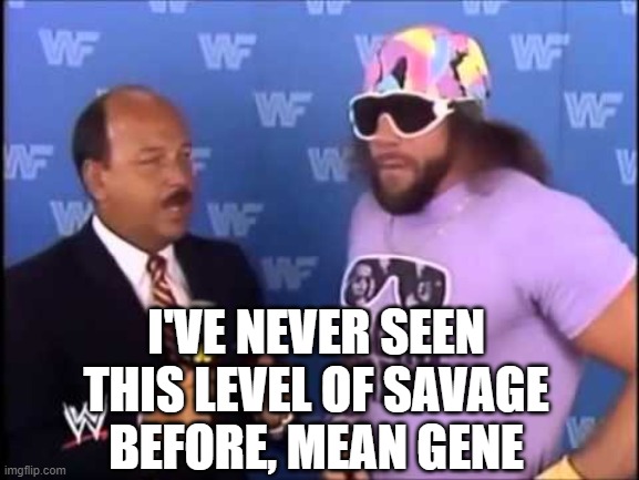 Randy Savage and Mean Gene | I'VE NEVER SEEN THIS LEVEL OF SAVAGE BEFORE, MEAN GENE | image tagged in randy savage and mean gene | made w/ Imgflip meme maker