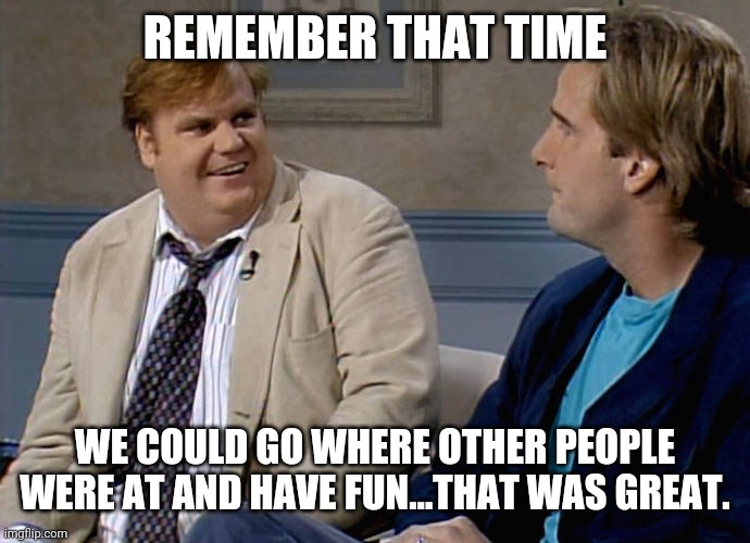 Remember that time |  REMEMBER THAT TIME; WE COULD GO WHERE OTHER PEOPLE WERE AT AND HAVE FUN...THAT WAS GREAT. | image tagged in remember that time | made w/ Imgflip meme maker
