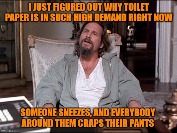 I Figured Out Why Everyone is Grabbing Toilet Paper | I JUST FIGURED OUT WHY TOILET PAPER IS IN SUCH HIGH DEMAND RIGHT NOW; SOMEONE SNEEZES, AND EVERYBODY AROUND THEM CRAPS THEIR PANTS | image tagged in let me explain lebowski,coronavirus,toilet paper,covid-19 | made w/ Imgflip meme maker