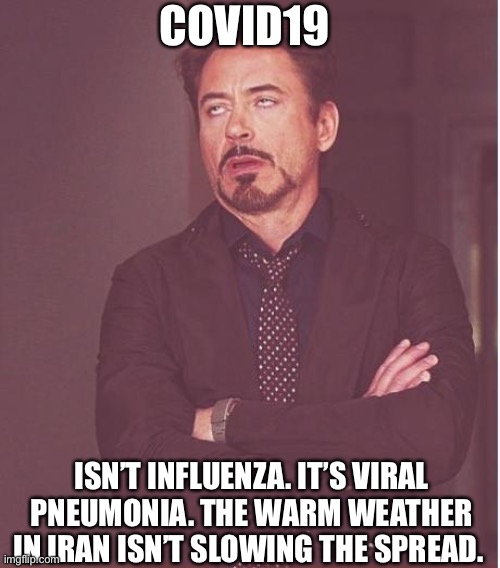 Face You Make Robert Downey Jr Meme | COVID19 ISN’T INFLUENZA. IT’S VIRAL PNEUMONIA. THE WARM WEATHER IN IRAN ISN’T SLOWING THE SPREAD. | image tagged in memes,face you make robert downey jr | made w/ Imgflip meme maker