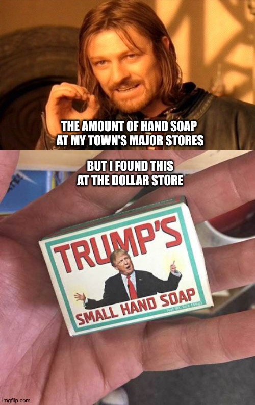 Only a dollar | BUT I FOUND THIS AT THE DOLLAR STORE; THE AMOUNT OF HAND SOAP 

AT MY TOWN'S MAJOR STORES | image tagged in memes,one does not simply,trump small hand soap | made w/ Imgflip meme maker