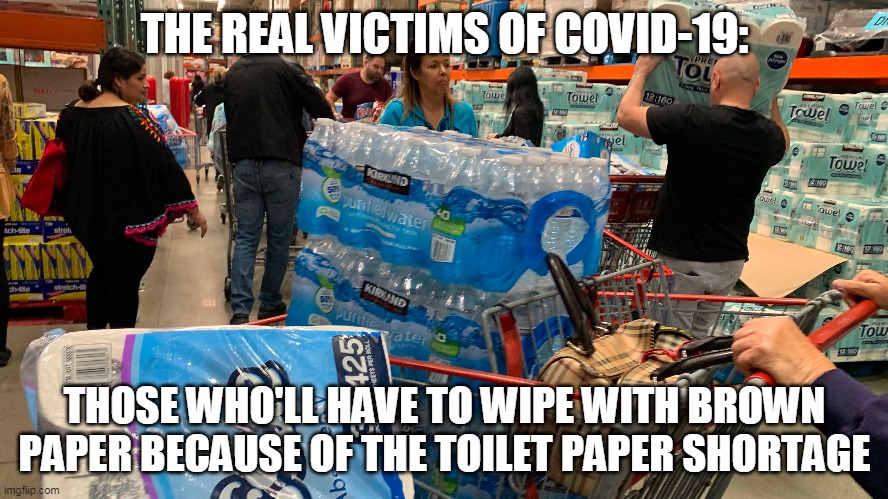 TP shortage | THE REAL VICTIMS OF COVID-19:; THOSE WHO'LL HAVE TO WIPE WITH BROWN PAPER BECAUSE OF THE TOILET PAPER SHORTAGE | image tagged in toilet paper,shortage,no more toilet paper,covid-19,costco,coronavirus | made w/ Imgflip meme maker