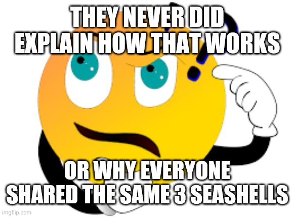 THEY NEVER DID EXPLAIN HOW THAT WORKS OR WHY EVERYONE SHARED THE SAME 3 SEASHELLS | made w/ Imgflip meme maker