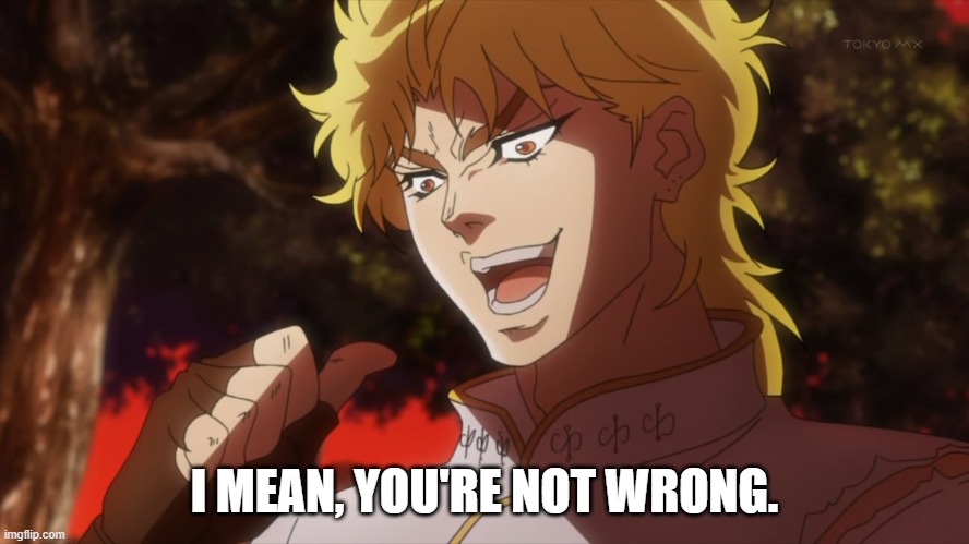 KONO DIO DA! | I MEAN, YOU'RE NOT WRONG. | image tagged in kono dio da | made w/ Imgflip meme maker