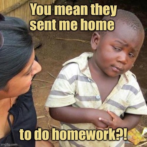 Third World Skeptical Kid Meme | You mean they sent me home to do homework?! | image tagged in memes,third world skeptical kid | made w/ Imgflip meme maker
