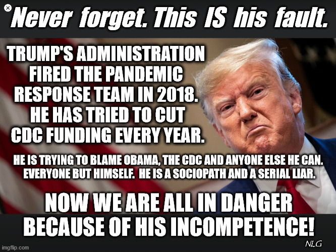 This is his fault | Never  forget. This  IS  his  fault. TRUMP'S ADMINISTRATION FIRED THE PANDEMIC RESPONSE TEAM IN 2018.
 HE HAS TRIED TO CUT
 CDC FUNDING EVERY YEAR. HE IS TRYING TO BLAME OBAMA, THE CDC AND ANYONE ELSE HE CAN.
 EVERYONE BUT HIMSELF.  HE IS A SOCIOPATH AND A SERIAL LIAR. NOW WE ARE ALL IN DANGER BECAUSE OF HIS INCOMPETENCE! NLG | image tagged in politics,political meme,political | made w/ Imgflip meme maker