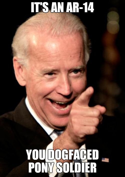 Smilin Biden Meme | IT'S AN AR-14 YOU DOGFACED PONY SOLDIER | image tagged in memes,smilin biden | made w/ Imgflip meme maker