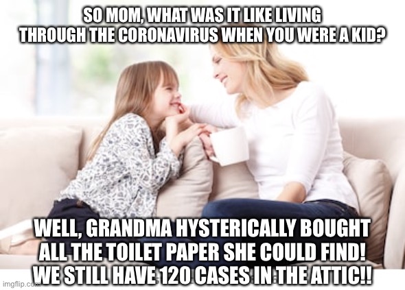 Toilet paper meme | SO MOM, WHAT WAS IT LIKE LIVING THROUGH THE CORONAVIRUS WHEN YOU WERE A KID? WELL, GRANDMA HYSTERICALLY BOUGHT ALL THE TOILET PAPER SHE COULD FIND!
WE STILL HAVE 120 CASES IN THE ATTIC!! | image tagged in stop buying all the toilet paper,coronavirus | made w/ Imgflip meme maker