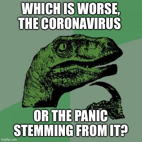 Well there goes civility... | WHICH IS WORSE, THE CORONAVIRUS; OR THE PANIC STEMMING FROM IT? | image tagged in memes,philosoraptor,coronavirus,panic | made w/ Imgflip meme maker