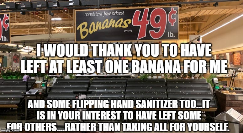 politics | I WOULD THANK YOU TO HAVE LEFT AT LEAST ONE BANANA FOR ME; AND SOME FLIPPING HAND SANITIZER TOO...IT IS IN YOUR INTEREST TO HAVE LEFT SOME FOR OTHERS....RATHER THAN TAKING ALL FOR YOURSELF. | image tagged in political meme | made w/ Imgflip meme maker